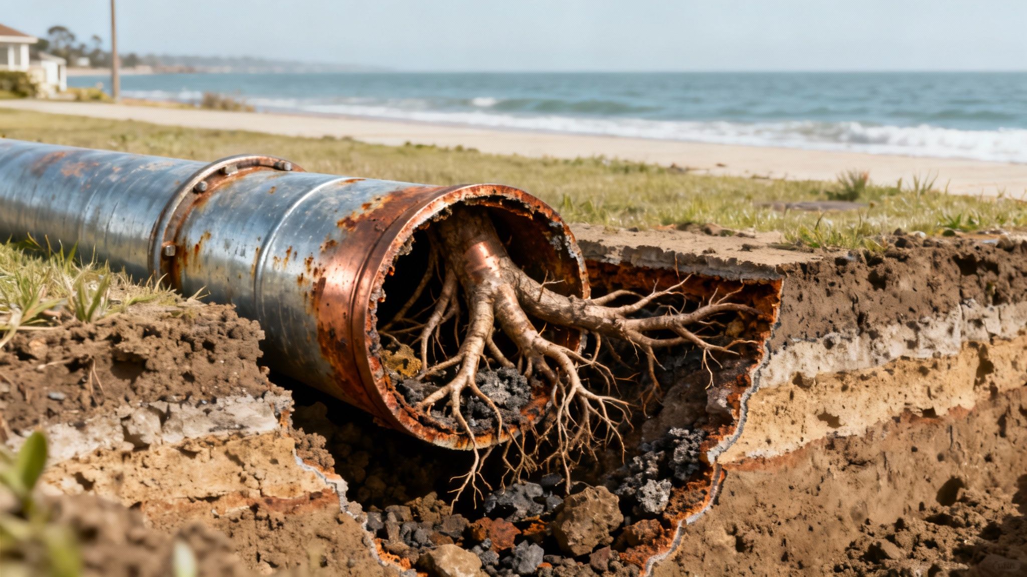Tree roots growing inside a broken, rusty pipe unearthed near a beach, showing soil layers.