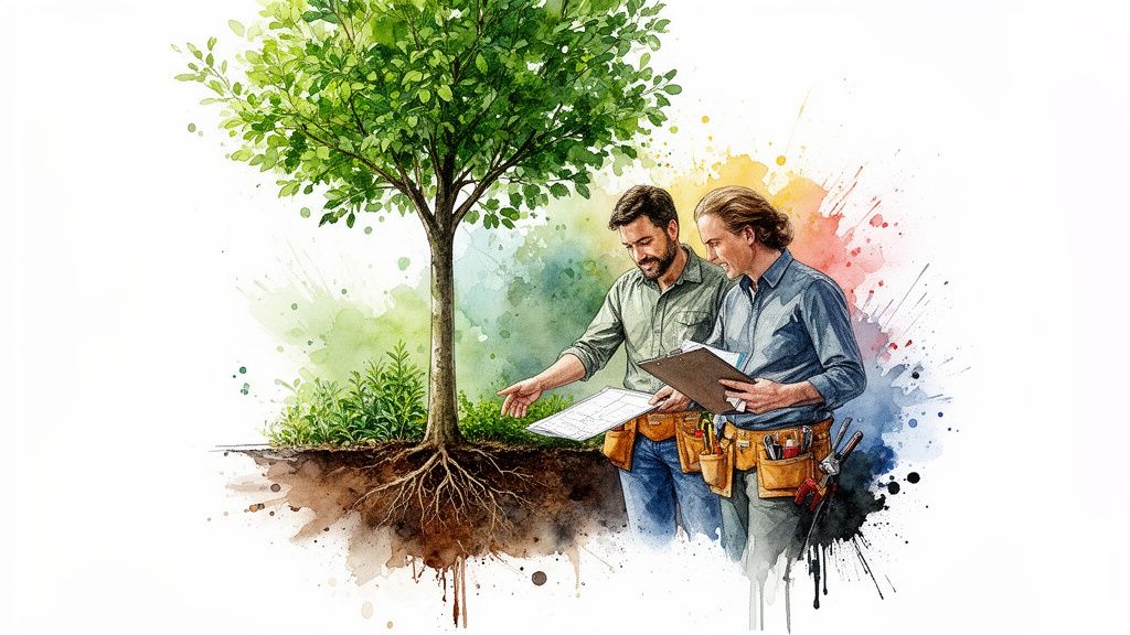 Watercolor illustration of two men discussing landscape plans next to a tree with exposed roots.