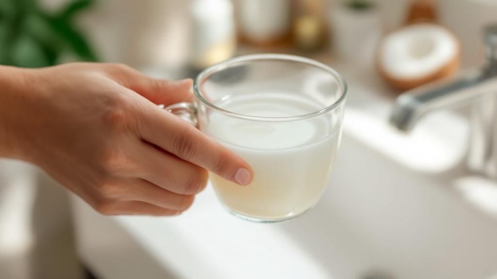 A bottle of coconut oil and a spoon, representing the practice of oil pulling for oral health.