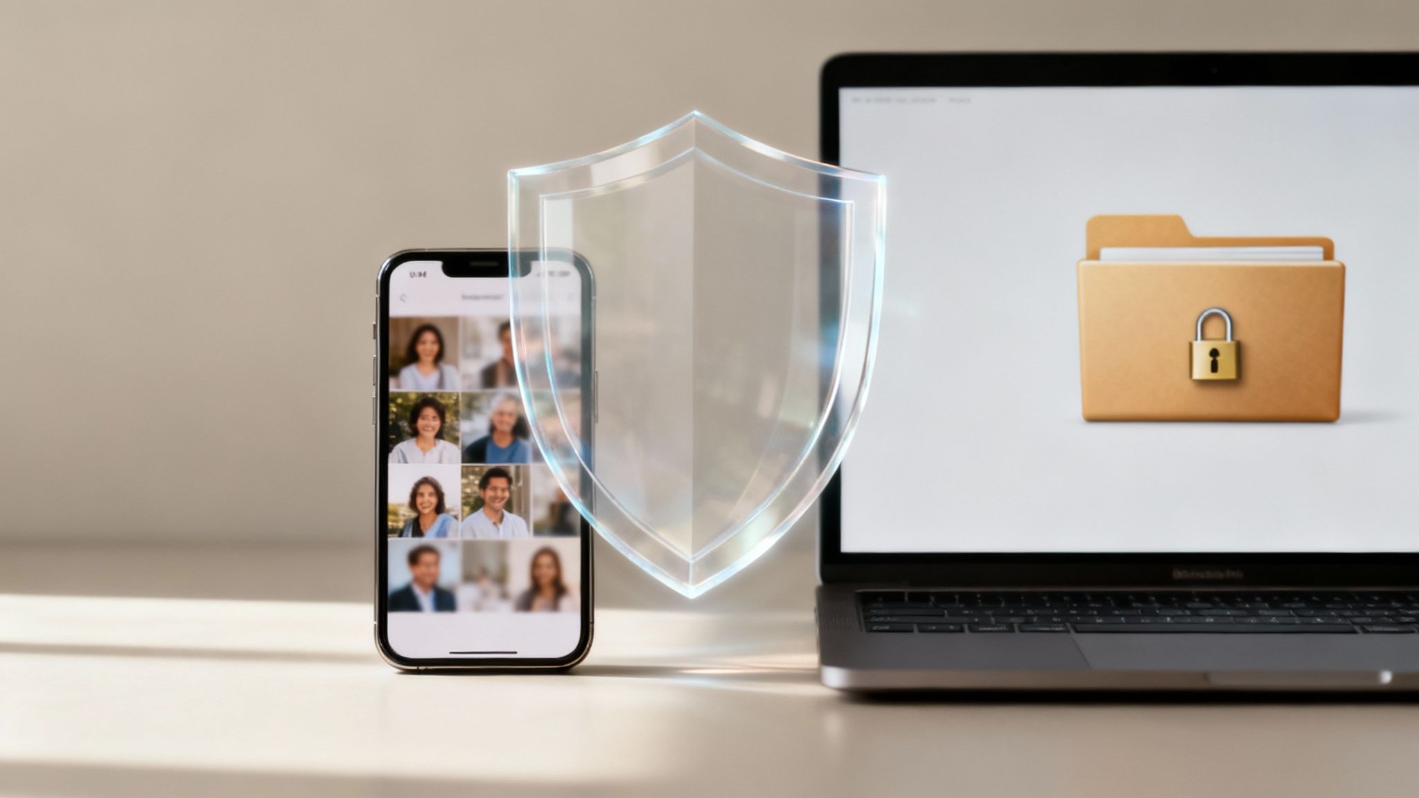 A smartphone with a video call, a glowing shield, and a laptop displaying a locked folder, symbolizing digital security.