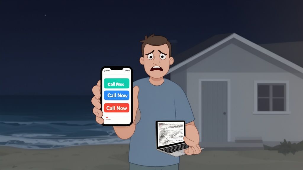 A worried man holds a phone with multiple 'Call Now' buttons and a laptop on a beach at night.