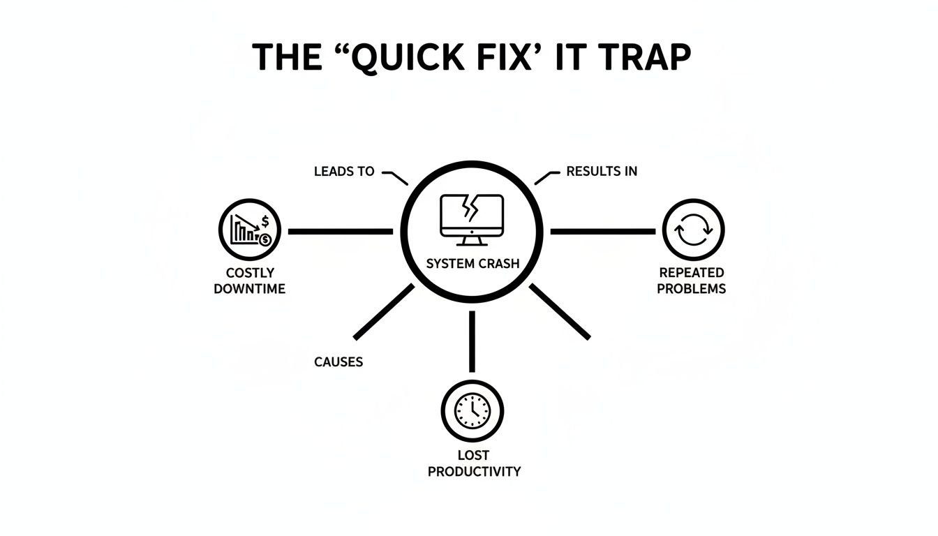 Diagram illustrating the 'Quick Fix' IT Trap, showing a system crash leading to costly downtime, repeated problems, and lost productivity.
