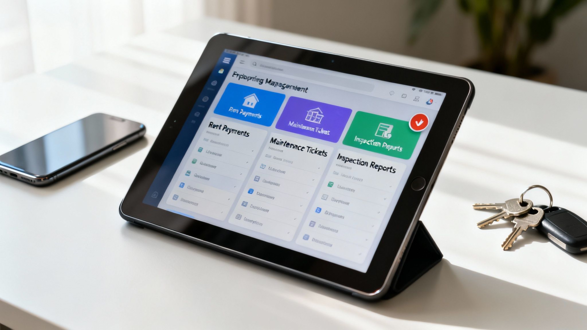 A tablet on a white desk displays property management software for rent payments, maintenance, and inspection reports.