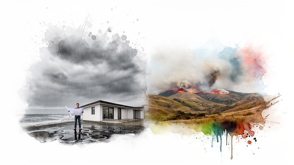 A split image: a man with blueprints by a house in heavy rain, and a wildfire on hills.