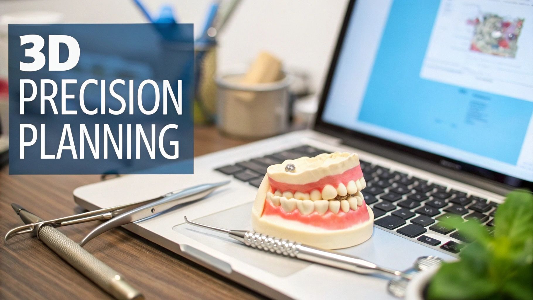 A dental model with an implant, tools, and laptop showing "3D PRECISION PLANNING" for modern dentistry.