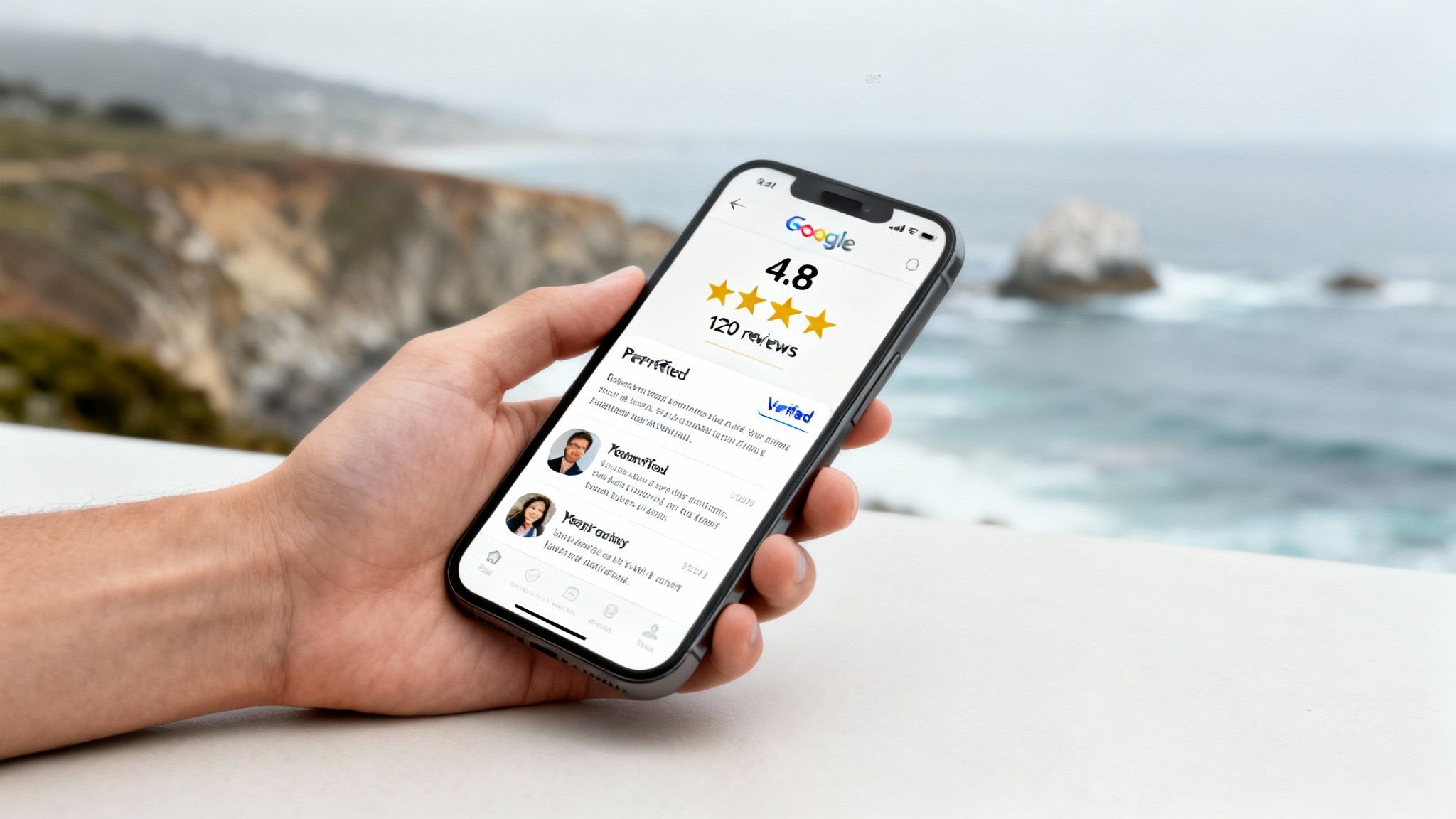 A smartphone screen displaying a contractor's positive Google reviews with a 4.8-star rating, held against a backdrop of the Monterey coastline.