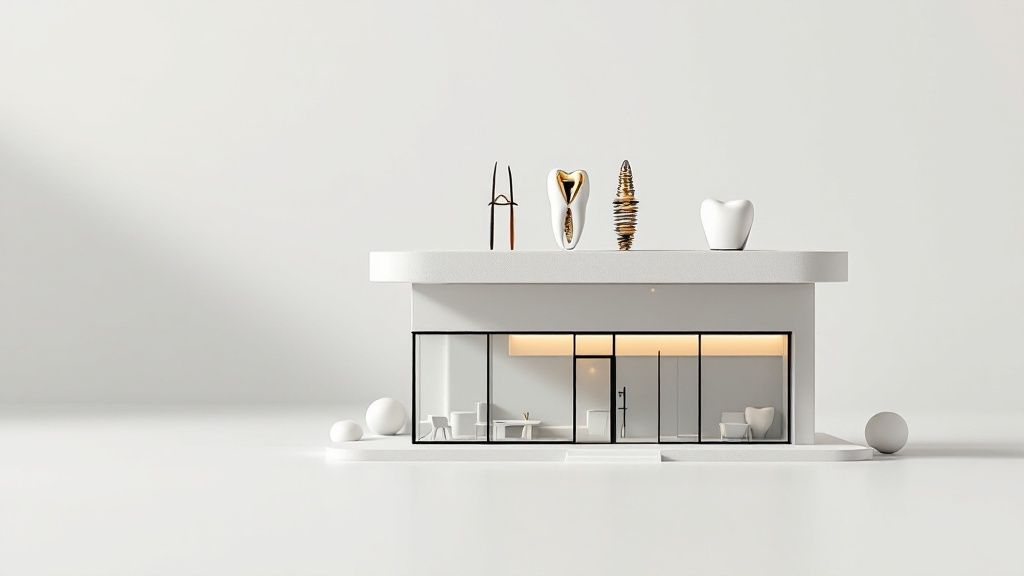 A friendly dental assistant is consulting with a patient in a modern dental office.
