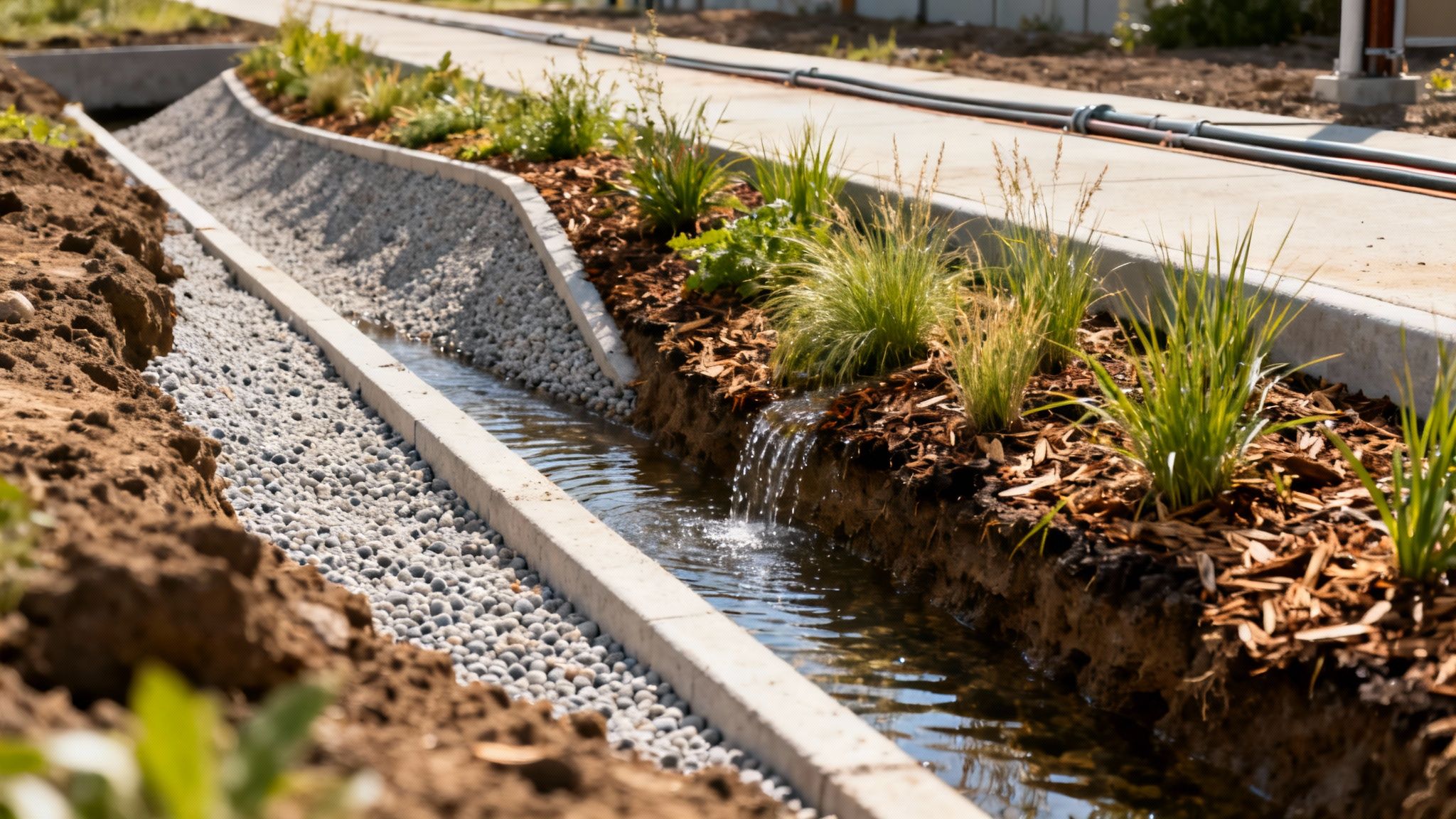 An eco-friendly drainage system with flowing water, pebbles, and newly planted green grasses in a landscaped setting.