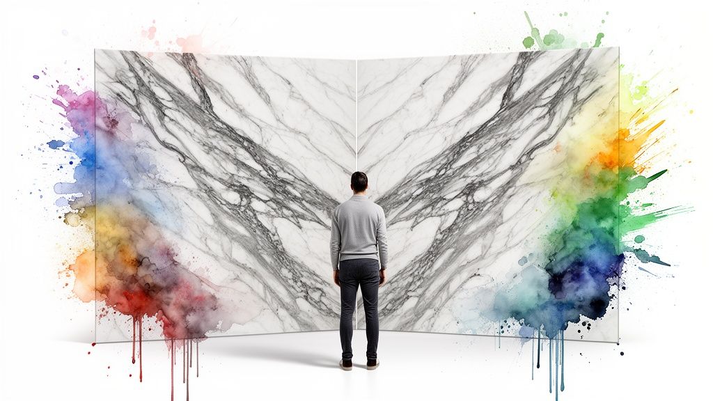 A man stands before two large white marble slabs with grey veins, framed by vibrant watercolor splashes.