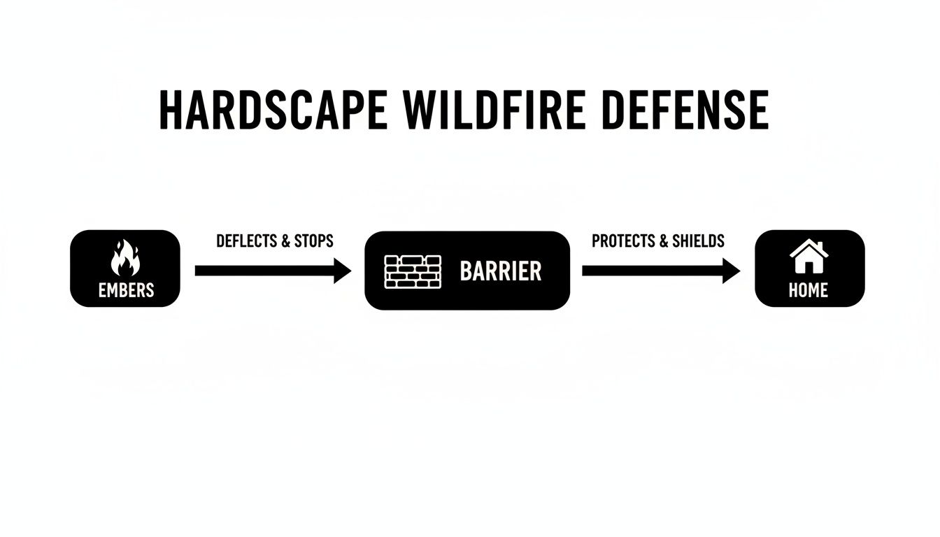 Diagram showing a hardscape barrier protecting a home by deflecting and stopping wildfire embers.