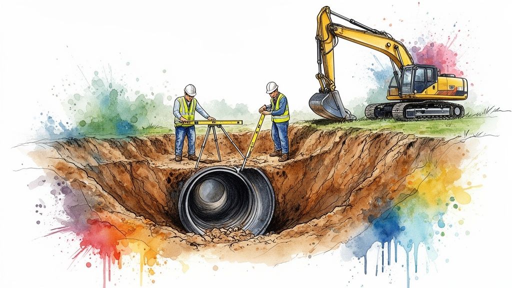 Illustration of two construction workers installing a large pipe in a trench with an excavator nearby.