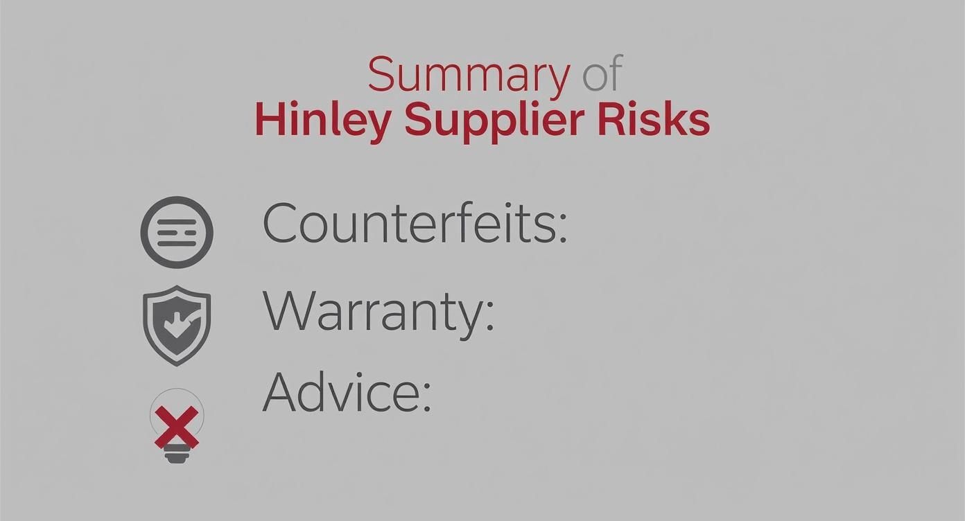 A summary of Hinley Supplier Risks, detailing concerns about counterfeits, warranty, and advice.