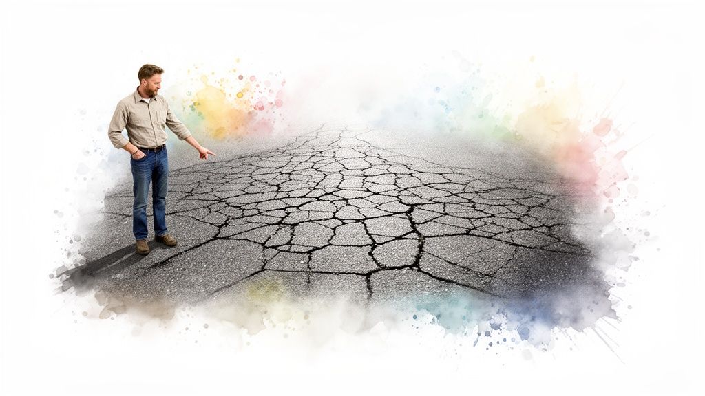A man points forward on a severely cracked asphalt road with colorful watercolor splashes.