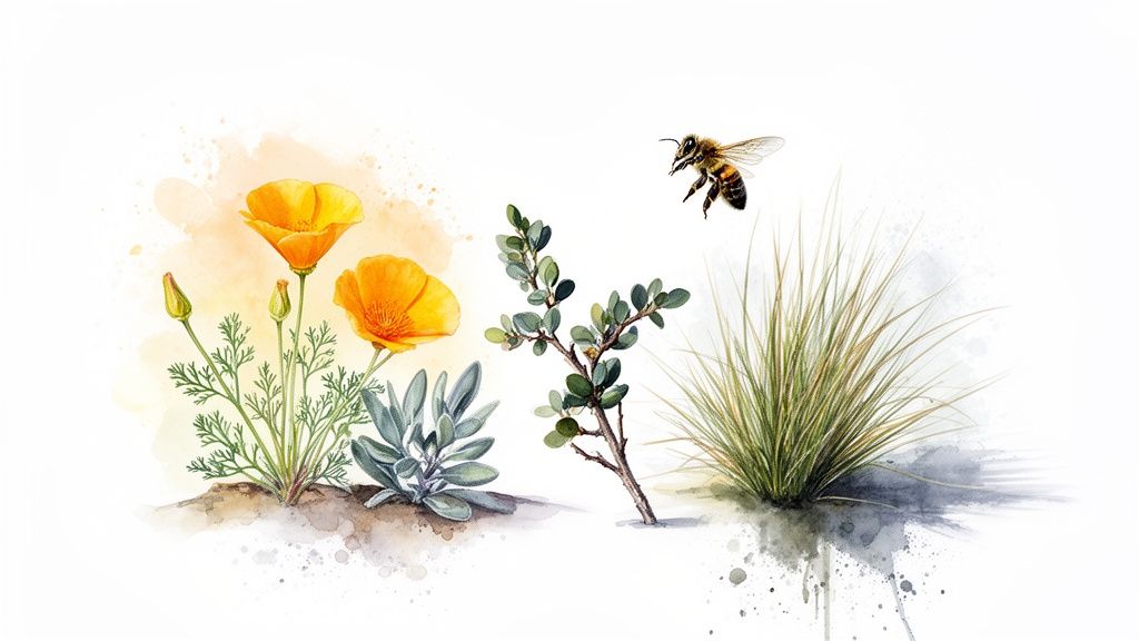 Watercolor illustration of a bee, vibrant orange poppies, sage, and native plants in a garden.