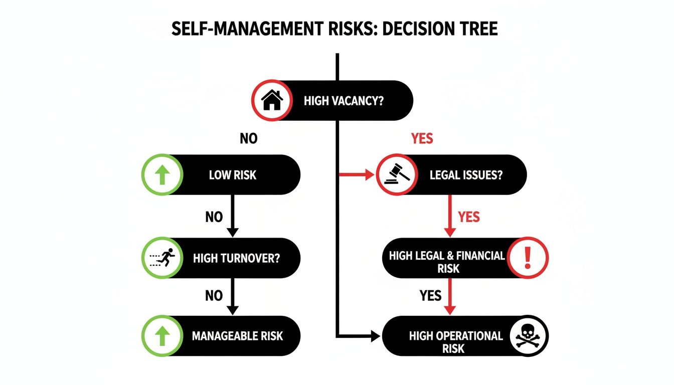 Flowchart detailing self-management property risks, branching through high vacancy, legal issues, and turnover.