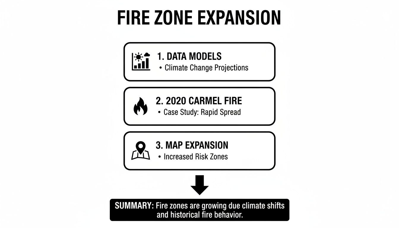 A diagram titled 'Fire Zone Expansion' detailing data models, the 2020 Carmel Fire case study, and map expansion for increased risk zones.