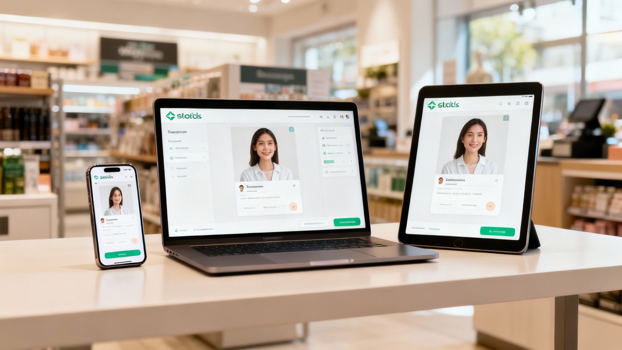 Three screens (phone, laptop, tablet) showcasing a healthcare client experience application.