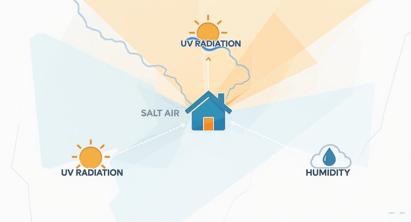 Infographic showing a house icon at the center with lines radiating out to icons for UV Radiation (sun), Salt Air (wave), and Humidity (cloud), illustrating the triple threat to coastal paint.
