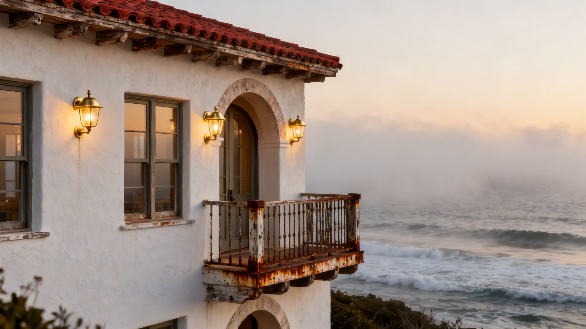 White building with a red roof, glowing lanterns, and a rustic balcony overlooking a misty ocean.