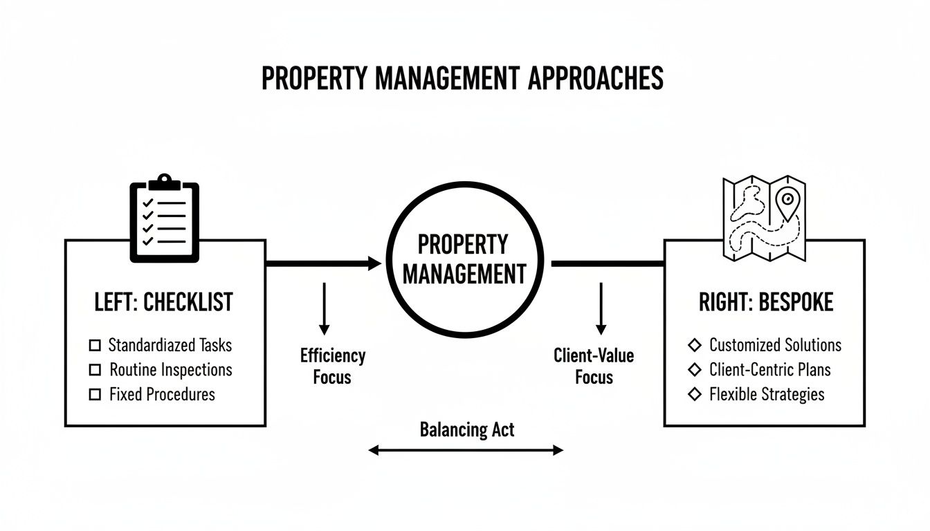 Diagram comparing checklist and bespoke property management approaches, highlighting efficiency versus client-value focus.