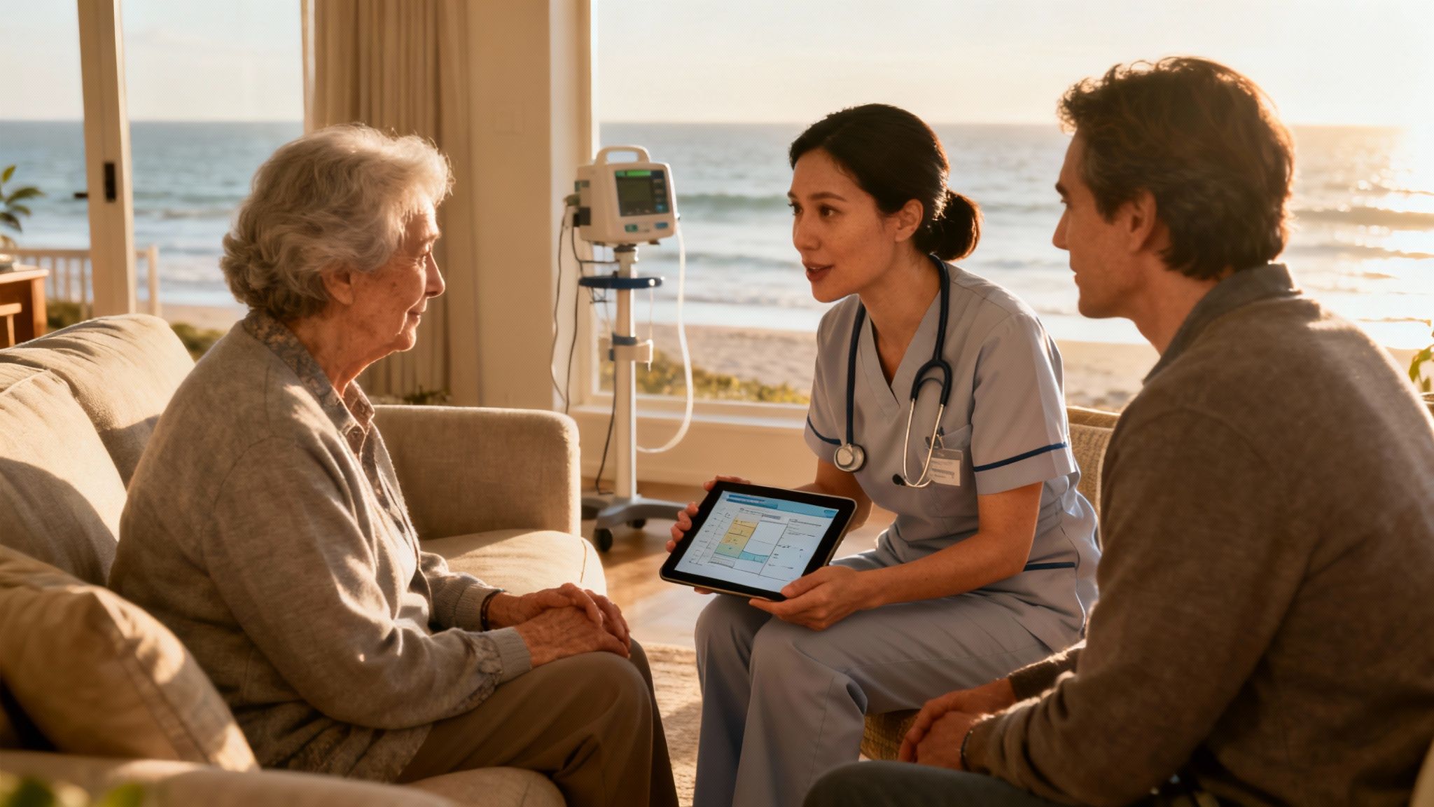 A caring Registered Nurse from Central Coast VNA & Hospice provides comfort and support to a patient resting in their bed at home.