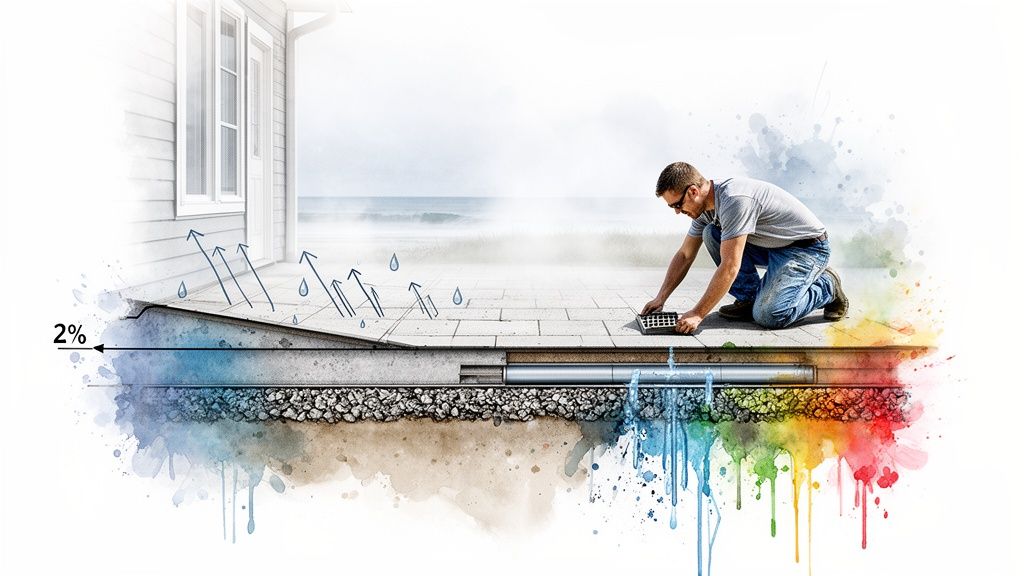 Detailed cross-section illustrating patio construction, drainage system, and water management with a kneeling worker.