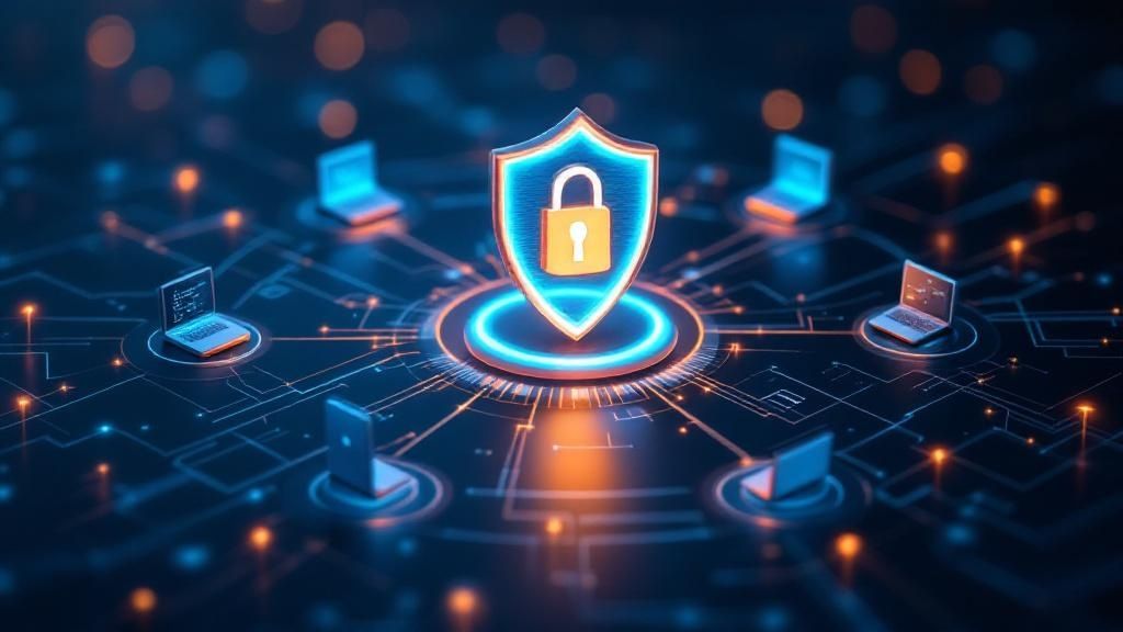 A shield icon glowing on a digital screen, symbolizing a strong defensive barrier.