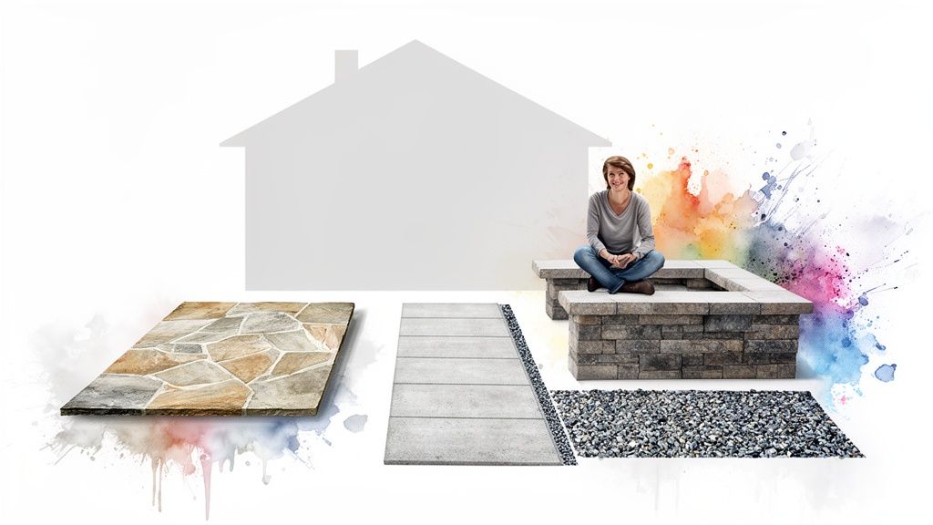 A woman sits on a stone fire pit, surrounded by diverse hardscaping materials and a house outline.