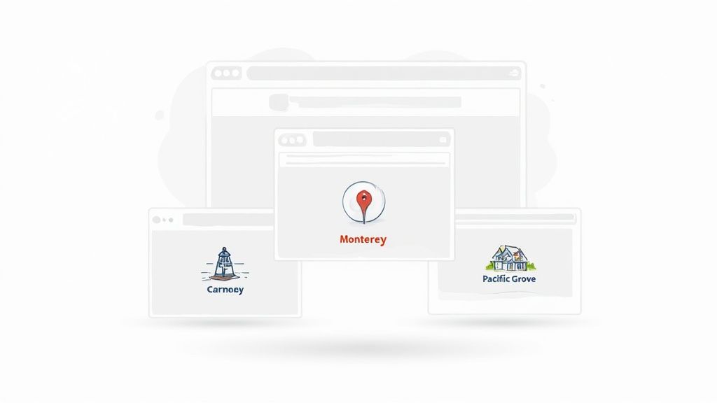 Three distinct web browser windows displaying location icons for Monterey, Carnoey, and Pacific Grove.