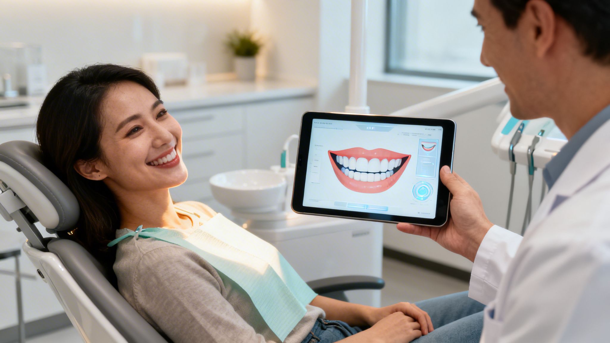 Dentist shows a smiling female patient a digital smile design on a tablet in a modern clinic.
