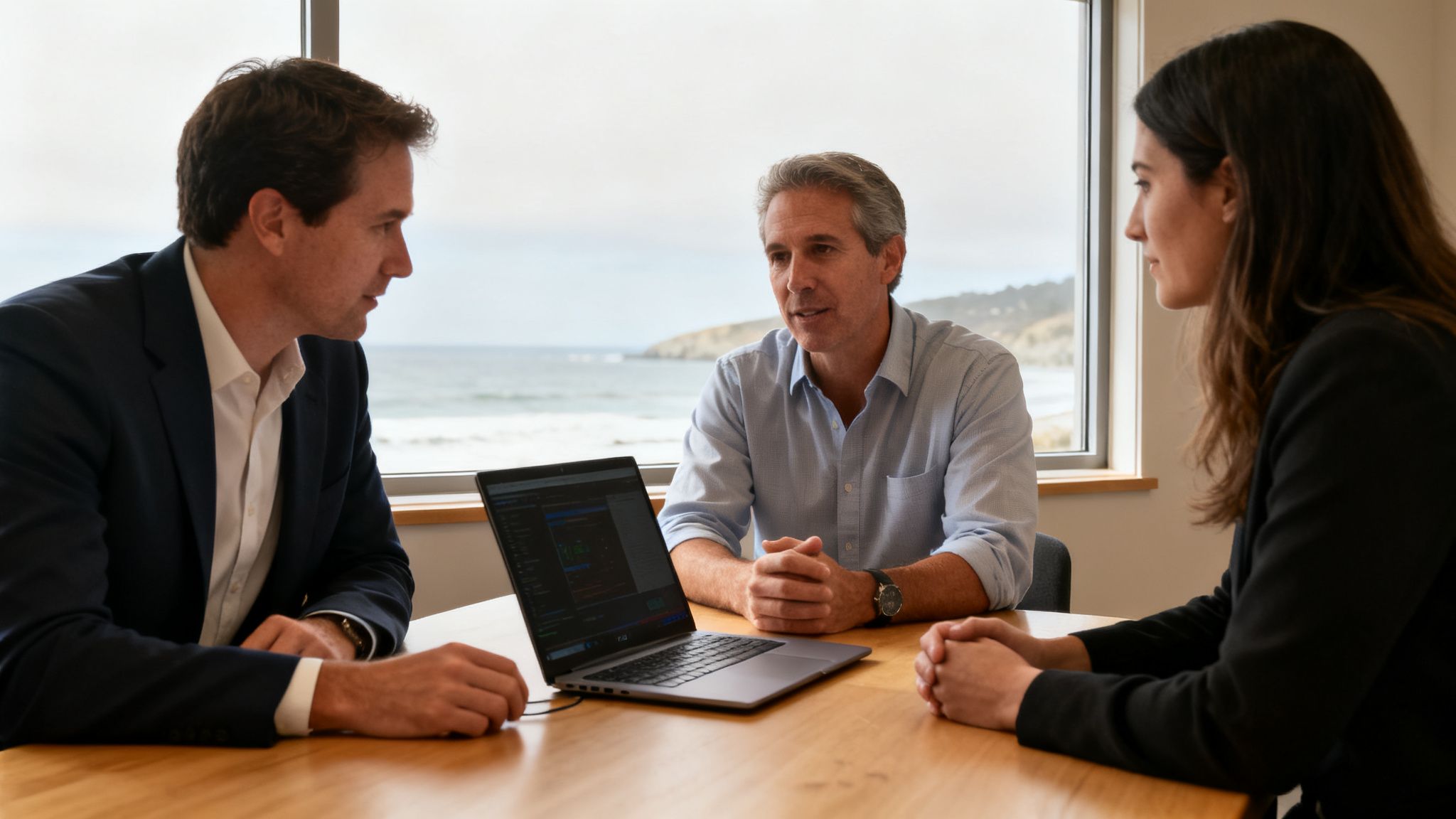 Three business professionals meet at a table by a window, overlooking the ocean with a laptop.