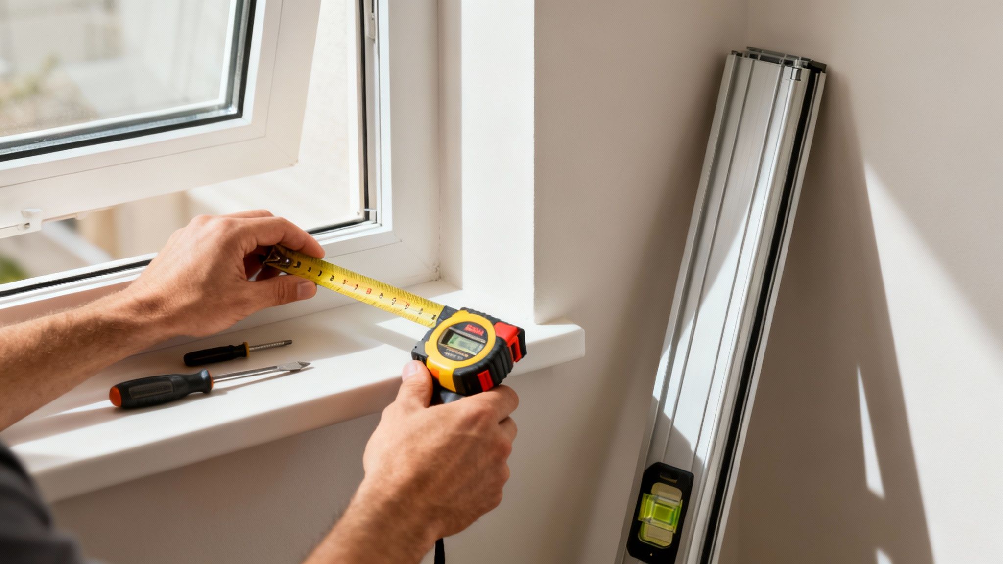 A focused homeowner carefully using a level tool against a window frame during a DIY installation project.