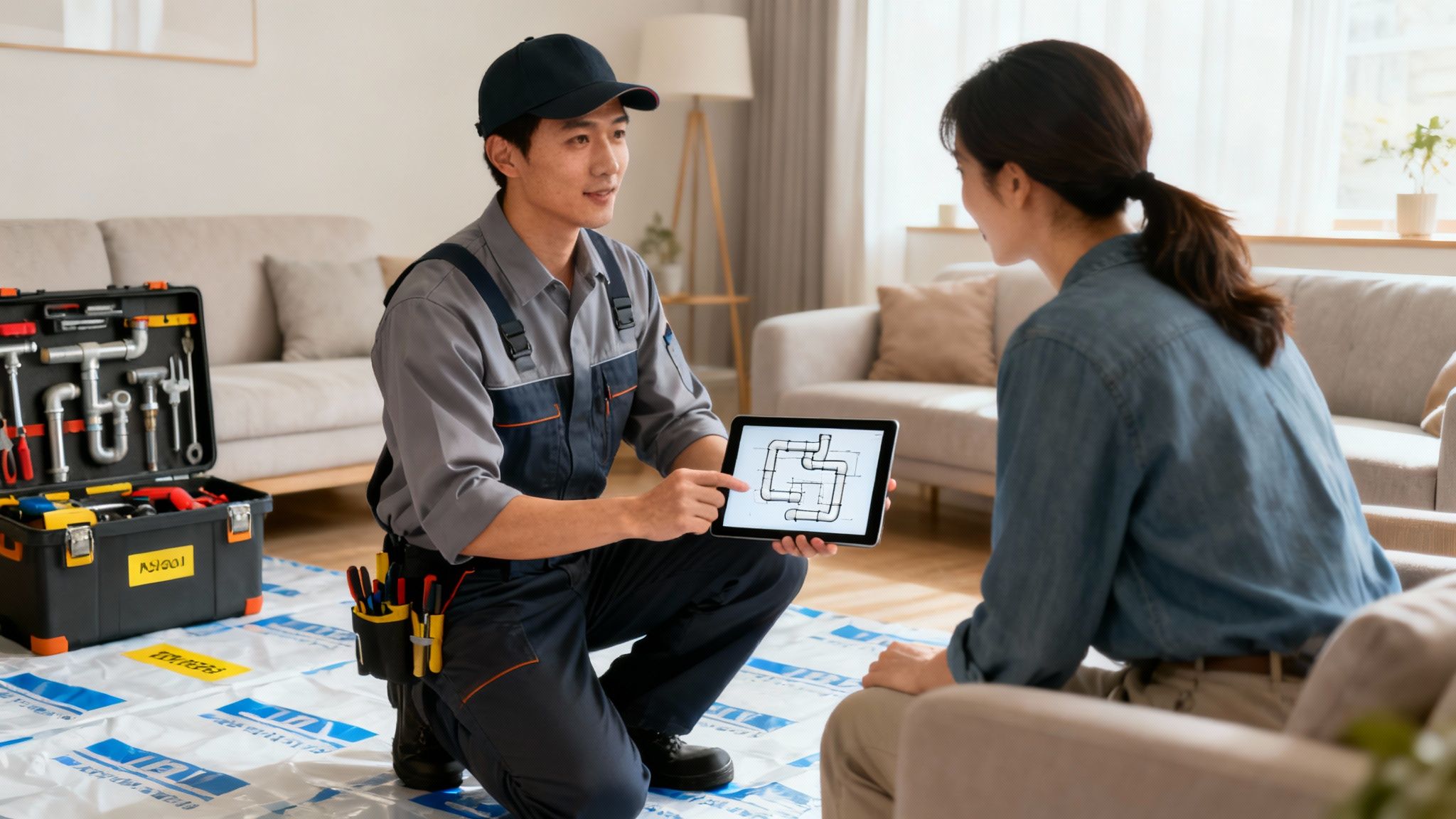 Why More Homeowners Are Choosing to Repipe Instead of Repair - And When You Should Too 3 A professional plumber from Alvarez Plumbing carefully planning a repiping project inside a customer's home.