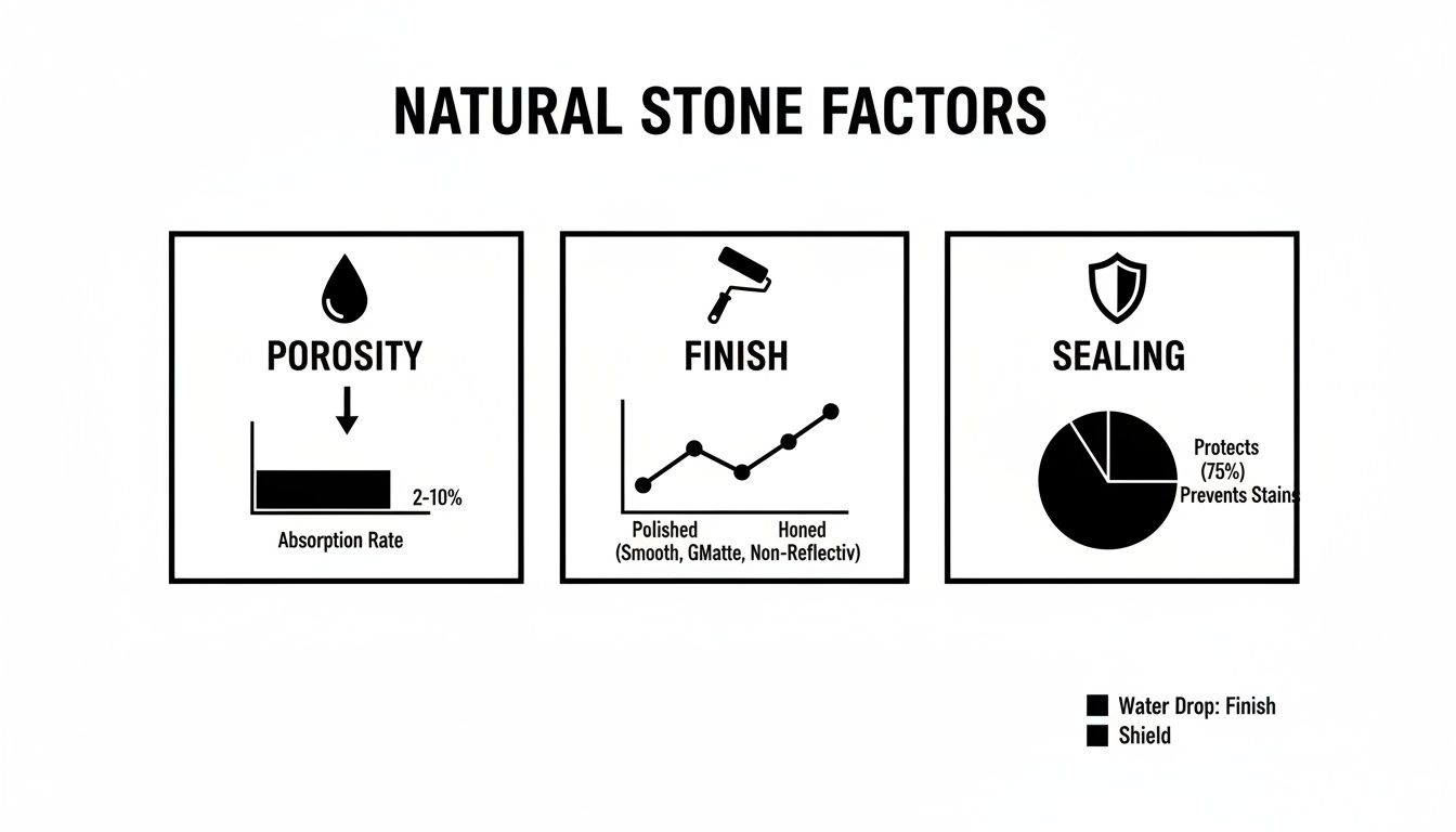 Infographic illustrating natural stone factors: porosity (2-10% absorption), finish (polished to honed), and sealing (75% protection).