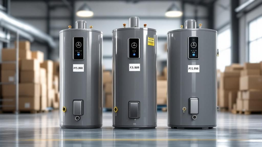 A technician inspecting a commercial water heater with a checklist