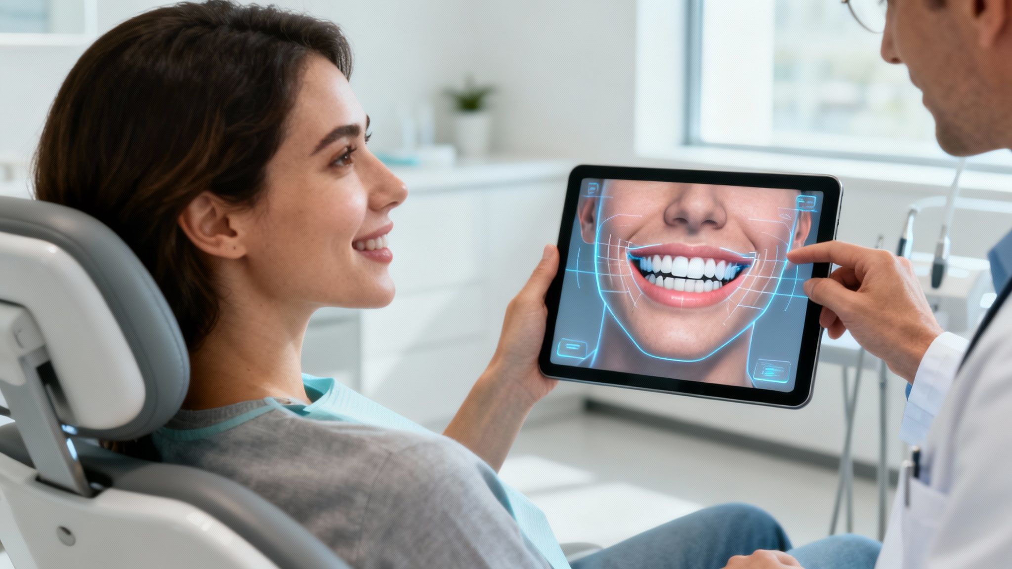 A patient looks at a tablet showing a virtual simulation of their smile makeover.