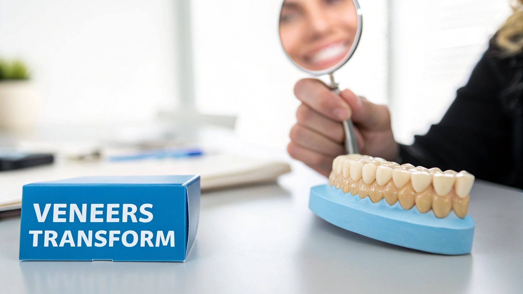 A person smiling in a mirror, next to a dental model with veneers and a box that says 'VENEERS TRANSFORM'.