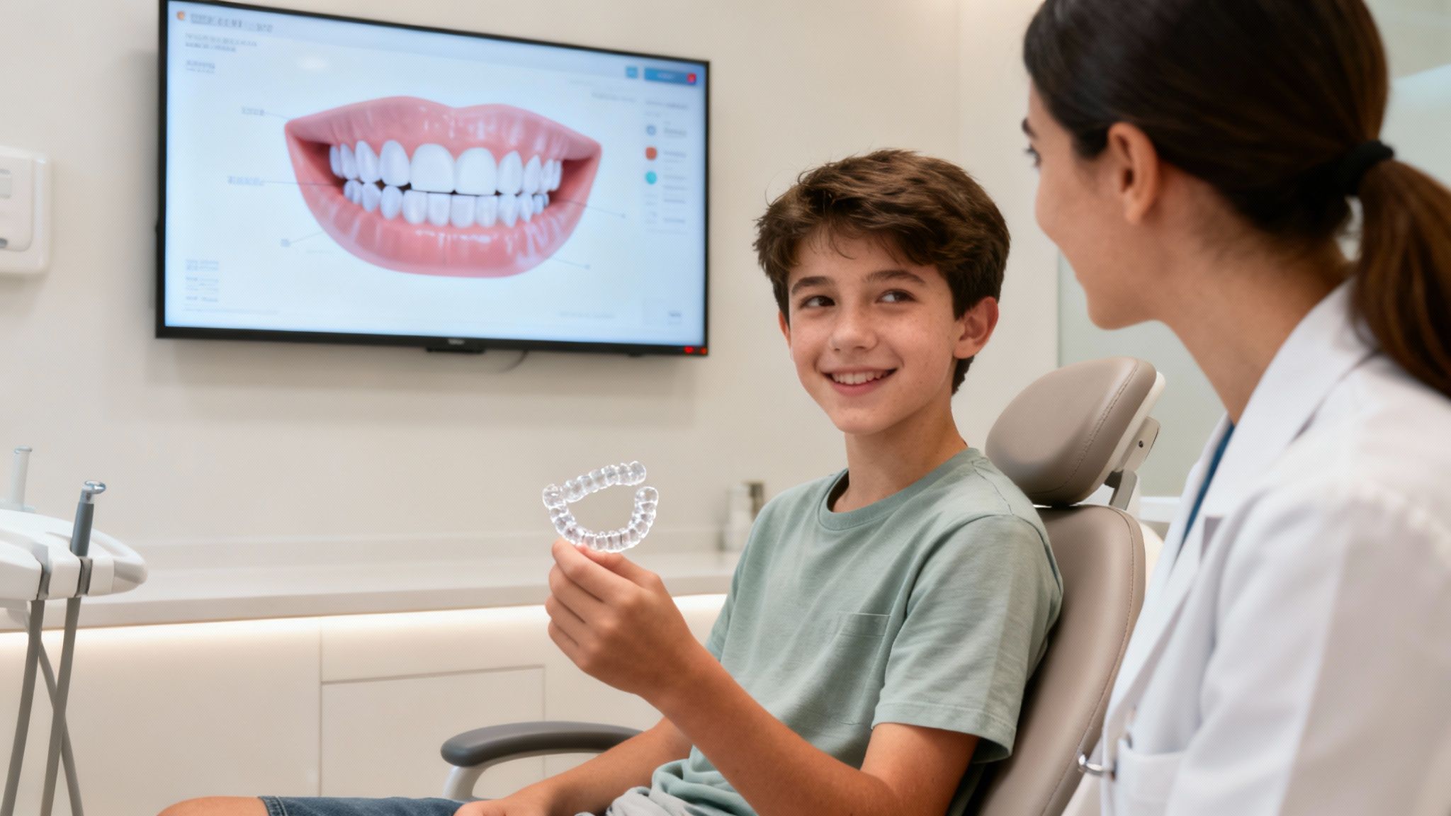 Smiling boy holds a clear dental aligner while talking to a dentist in a modern clinic.