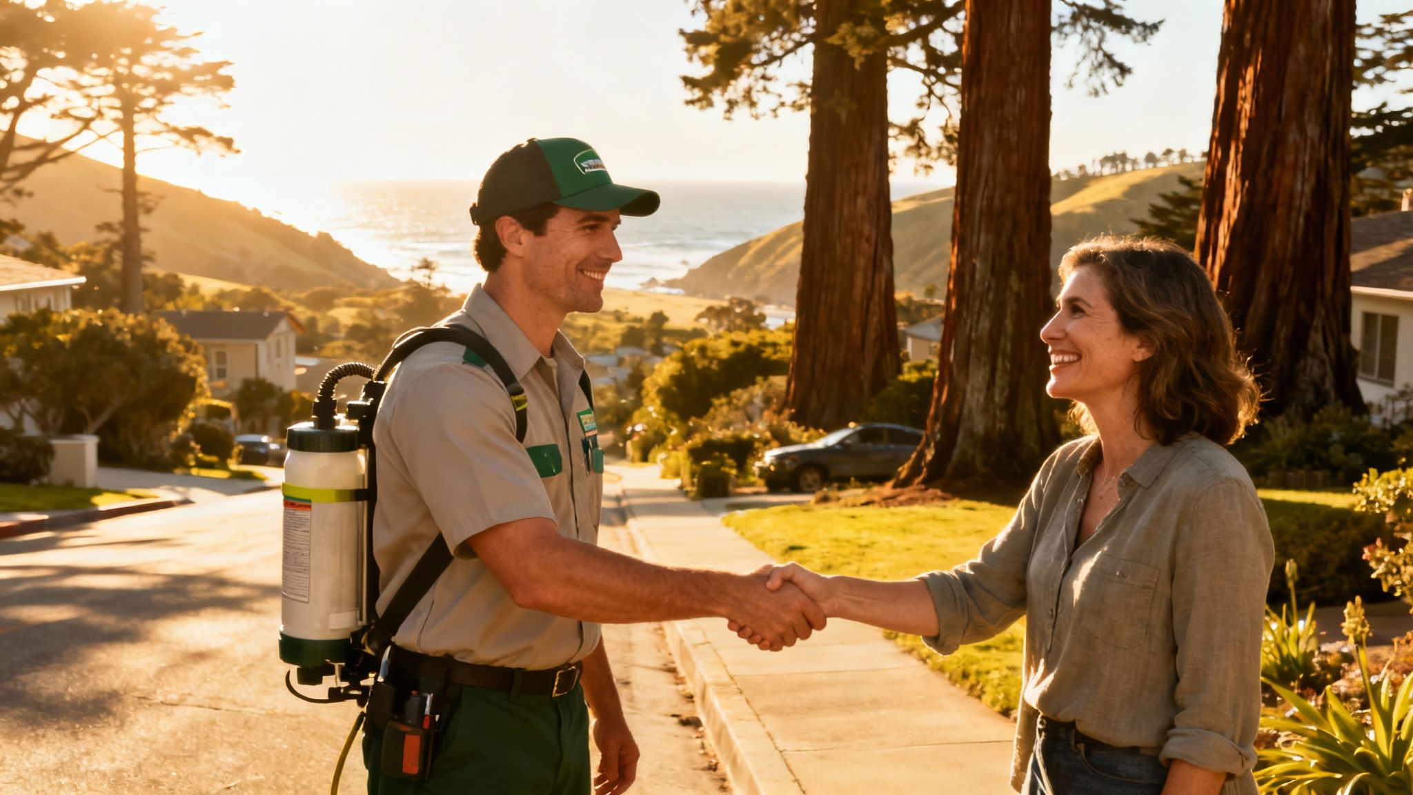 A friendly West Pest Co. technician discussing a sustainable treatment plan with a homeowner.