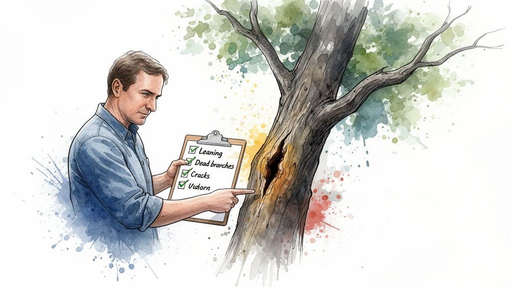 Man with checklist points at a damaged tree trunk with a large crack, inspecting tree health.