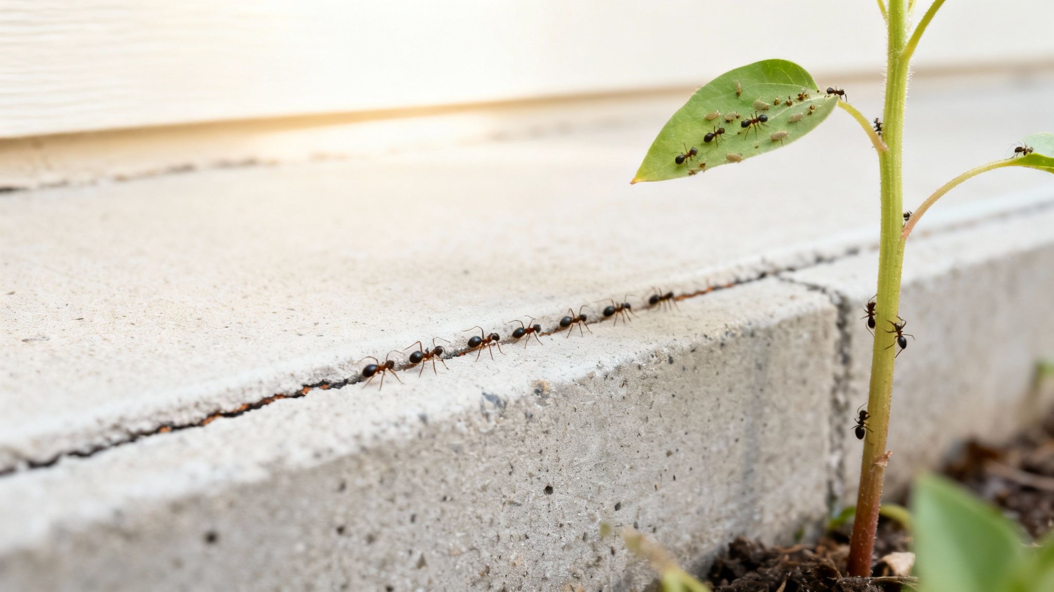 Ants crawl along a concrete crack and infest a plant leaf with aphids.