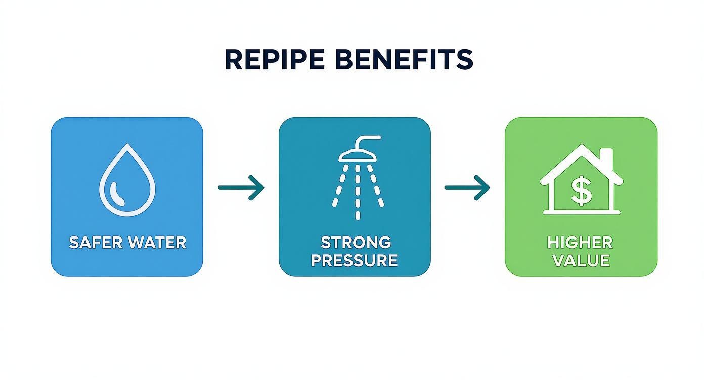 An infographic showing the benefits of repiping a home, including safer water, strong water pressure, and higher home value.