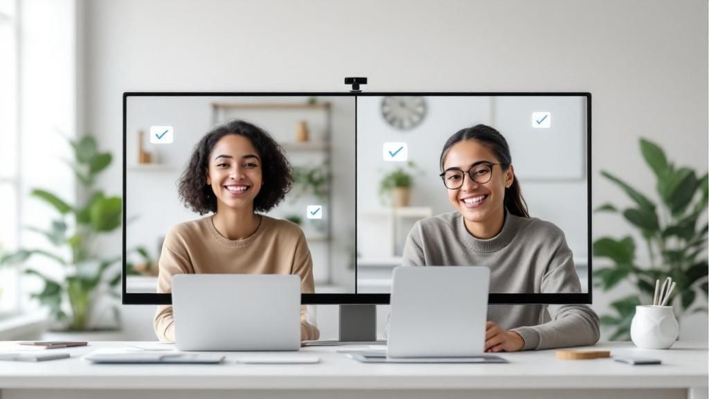 A team collaborating through various digital communication channels, symbolizing clear remote communication.