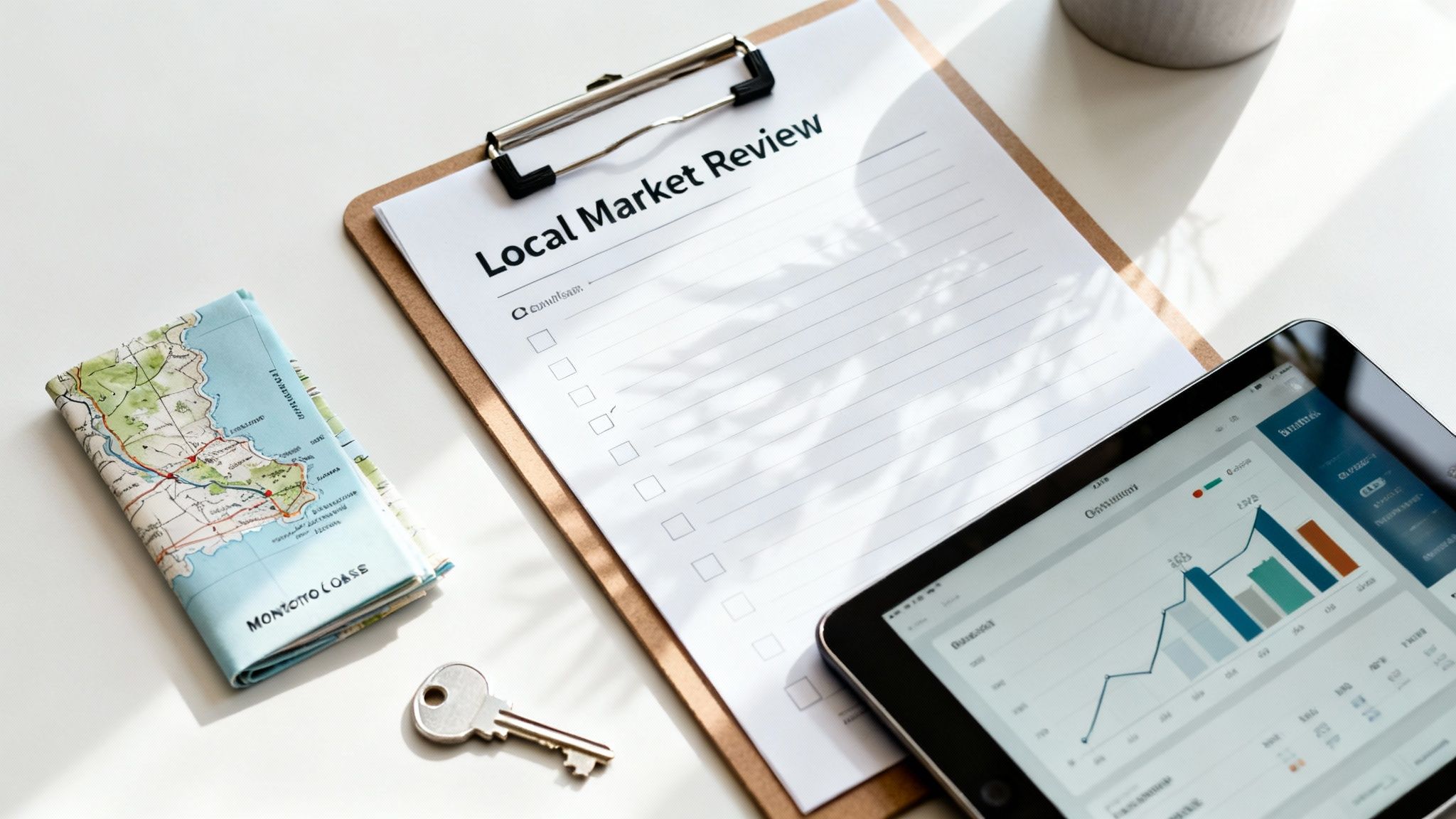 Desk with market review checklist, folded map, silver key, and tablet showing business data.