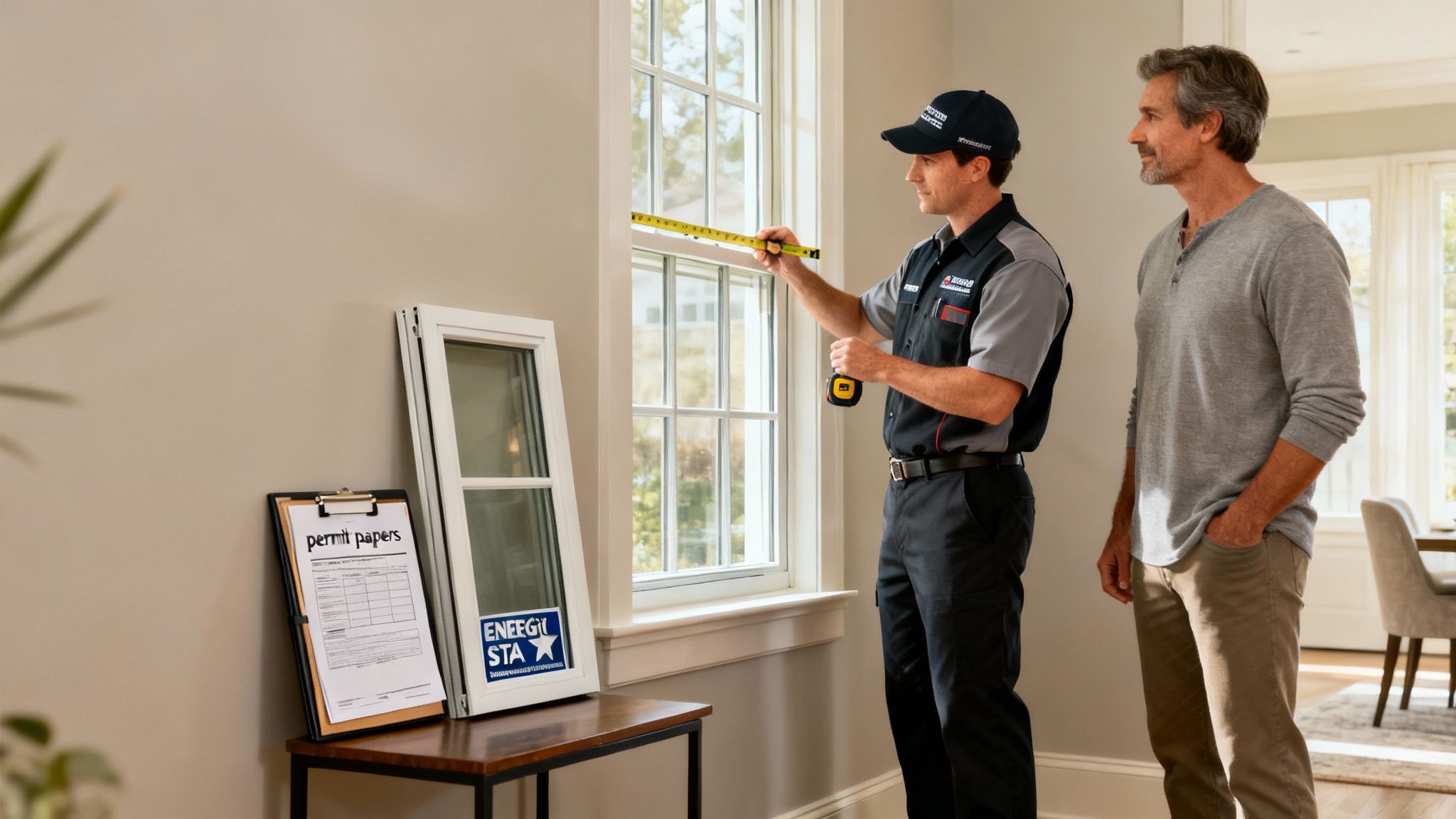 A technician measures a window for replacement, with a homeowner observing. Permit papers and a new window are nearby.