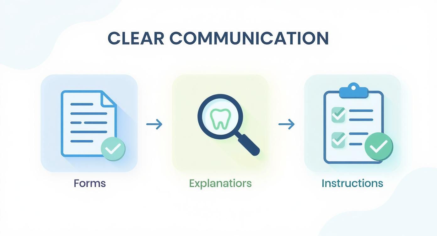 Infographic showing Kali Dental's process flow for clear communication with Spanish-speaking patients, including icons for forms, explanations, and instructions.