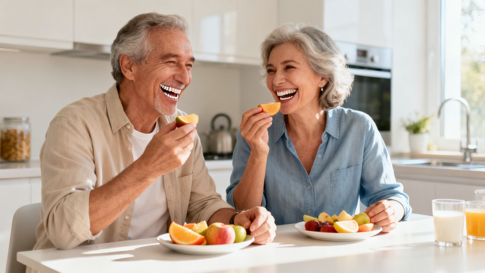 Happy senior couple enjoying a healthy breakfast of fresh fruit in a bright kitchen.