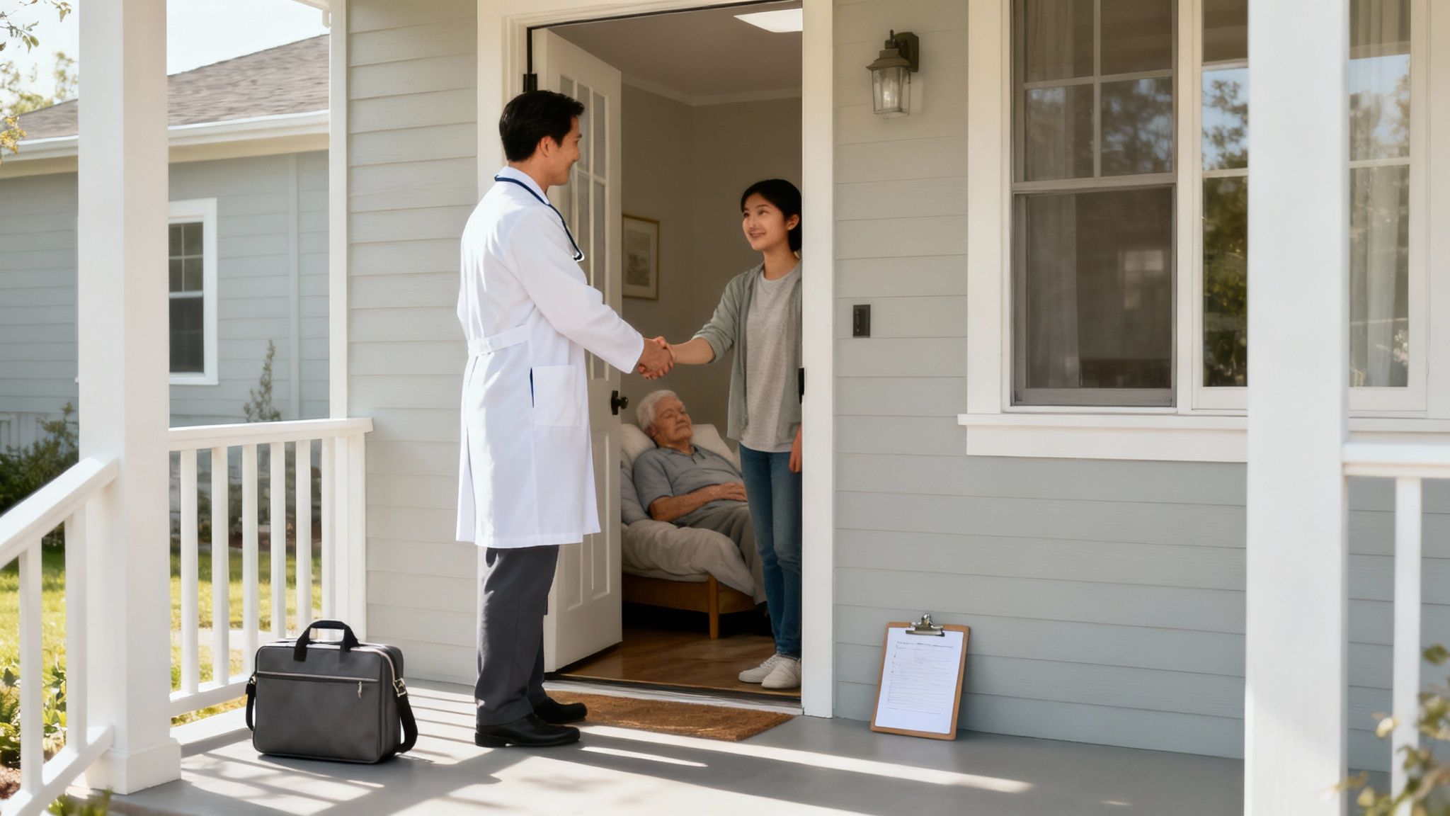 A compassionate healthcare provider offers a comforting hand to a senior patient in her home.