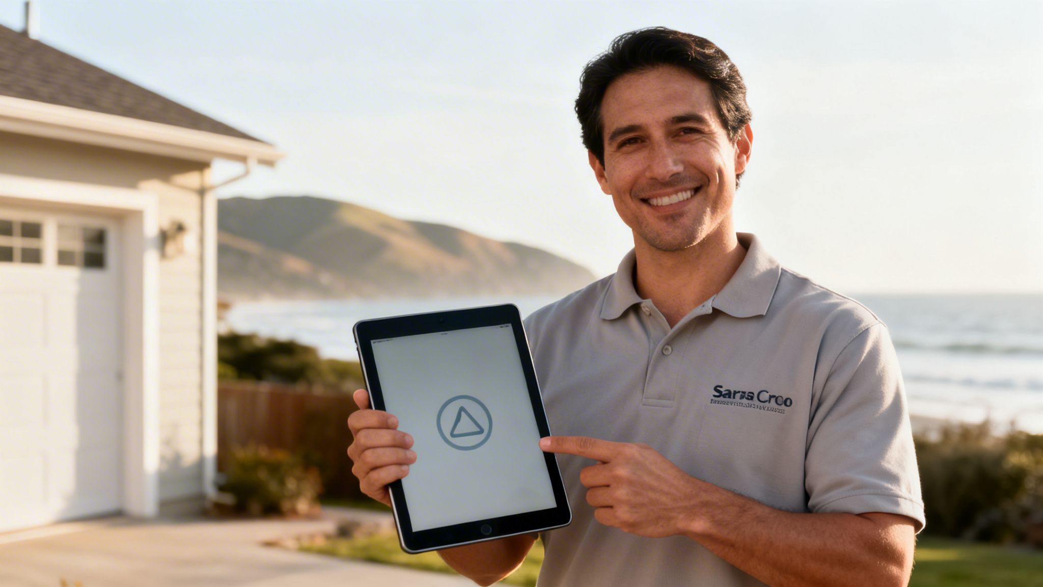 A smiling man in a grey polo shirt holds a tablet with a logo, pointing at it, with a house and ocean in the background.