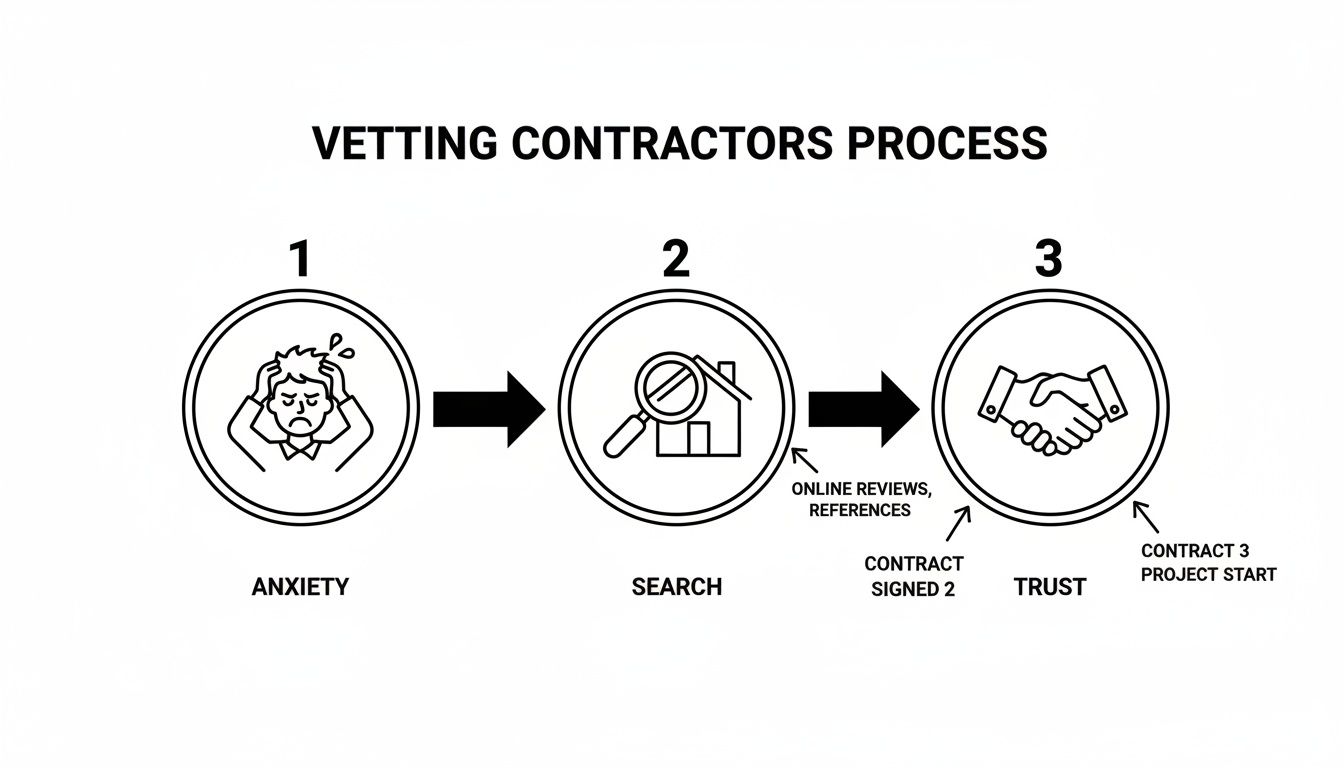 A diagram illustrating the three-step process of vetting contractors: anxiety, search, and trust.